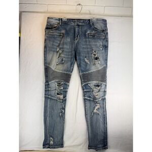 Embellish Jeans Mens 40 Blue Distressed Biker Moto Slim Fit Zipper Pockets Denim